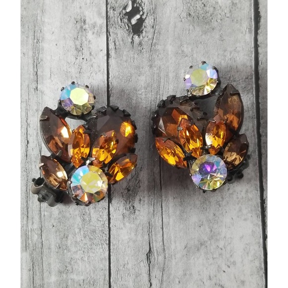 Vintage Original by Robert Earrings - Japanned Rhinestone Clip on Earrings - Picture 1 of 6